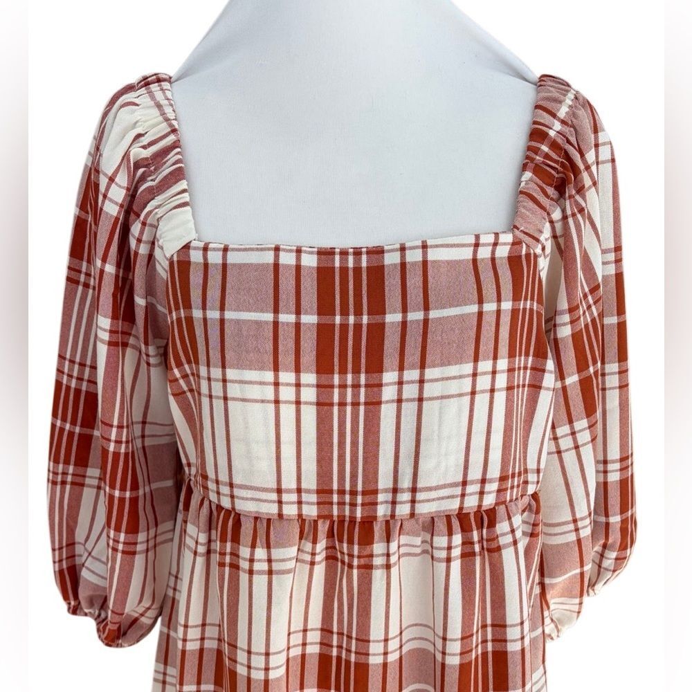 Monteau Los Angles red/rust/white plaid square neck babydoll dress size medium. - Picture 3 of 8